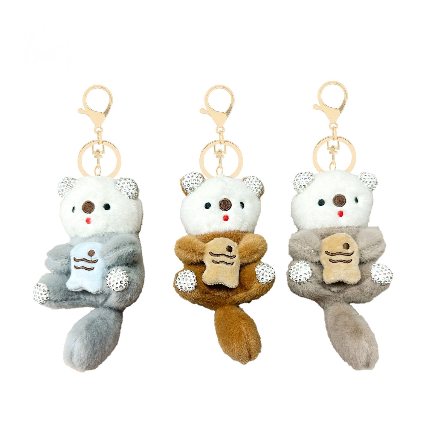 Plush Otter Keychain Holding a Fish