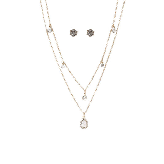 TEARDROP PENDANT RHINESTONE LAYERED NECKLACE SET