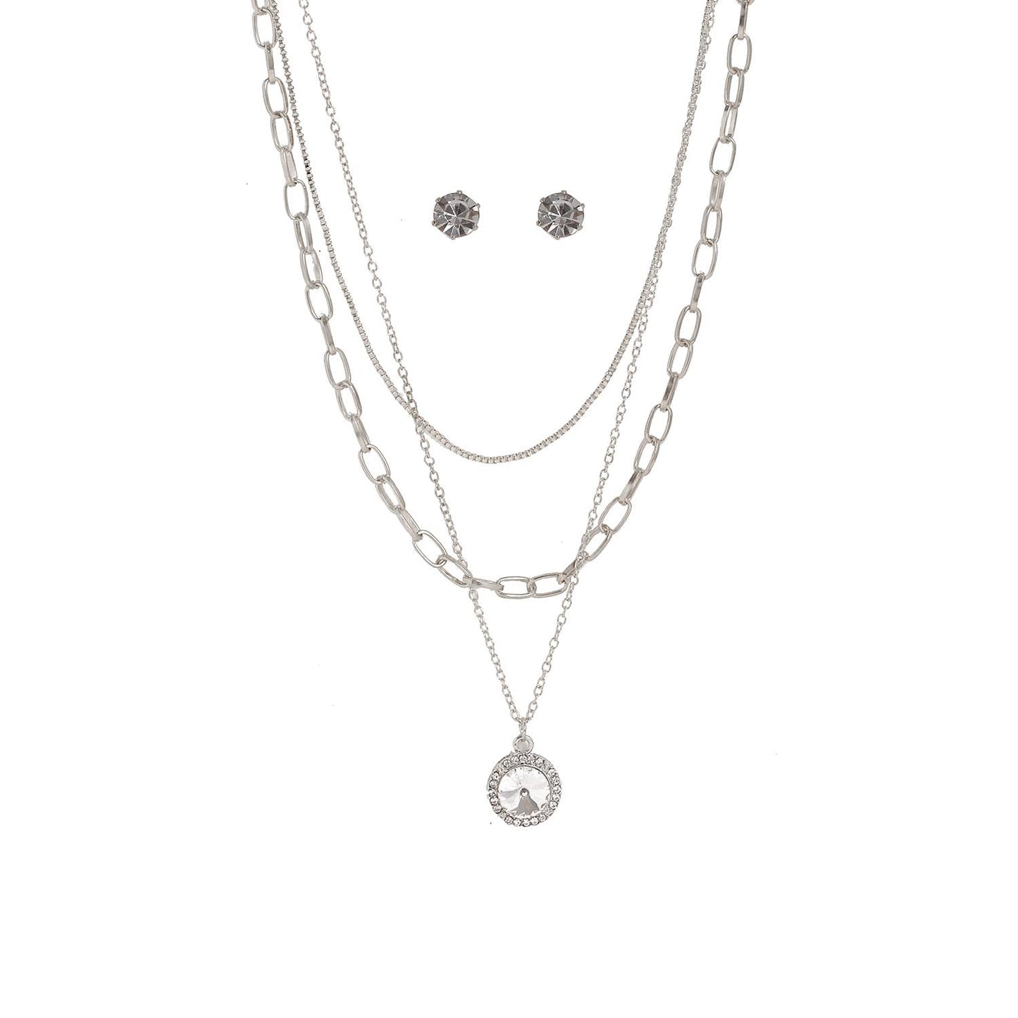 CIRCLE RHINESTONE PENDANT LAYERED NECKLACE SET