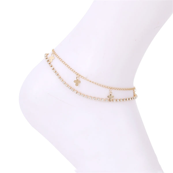 CROSS TASSEL PENDANT & RHINESTONE LAYER ANKLET