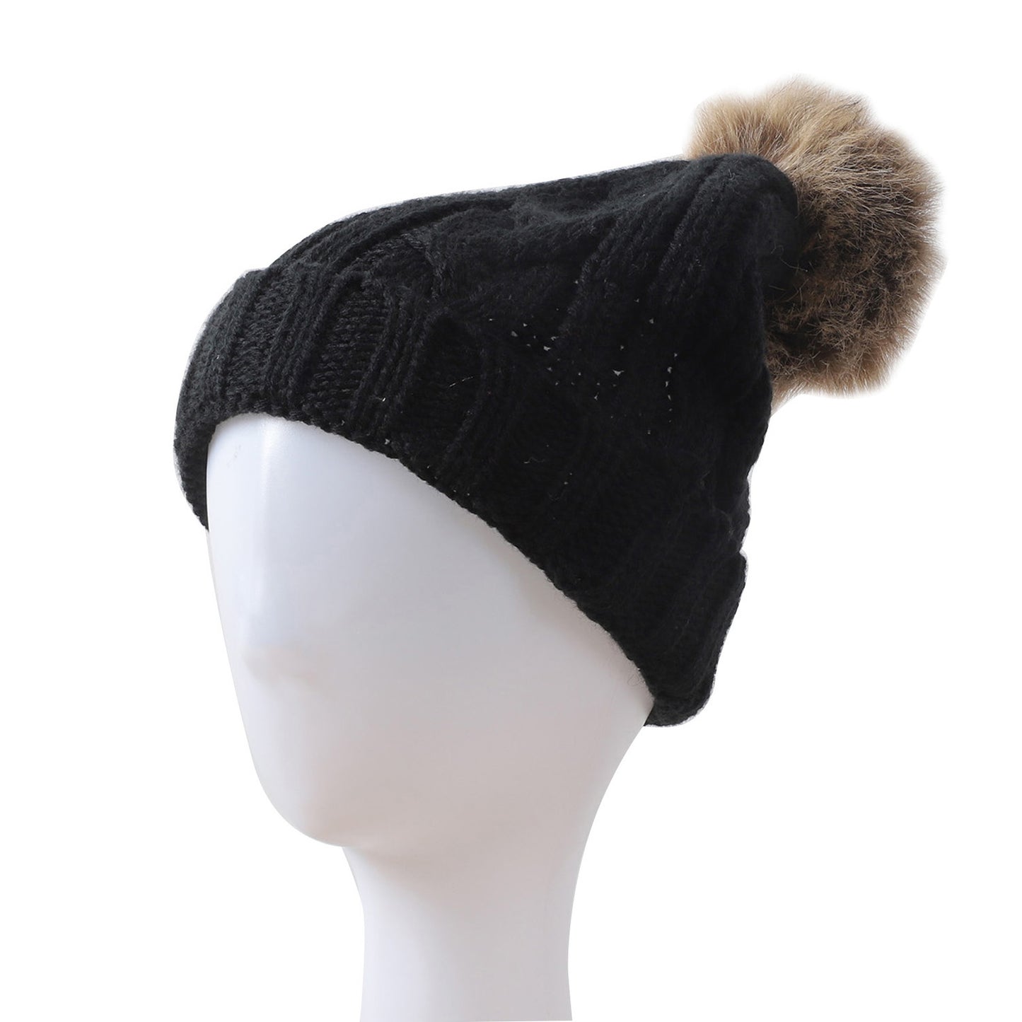 BRAIDED KNITTED FUR POM POM BEANIE