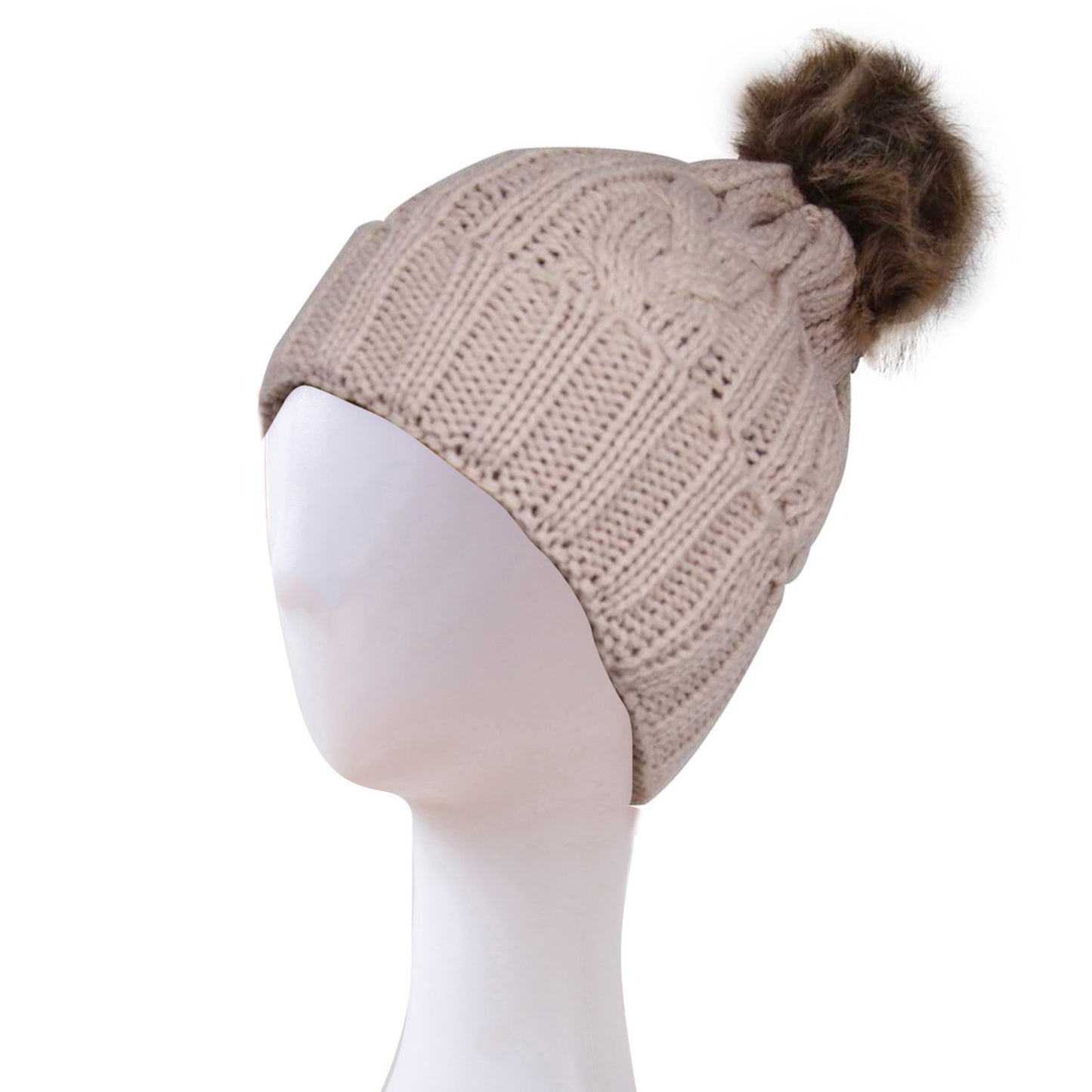 BRAIDED KNITTED FUR POM POM BEANIE