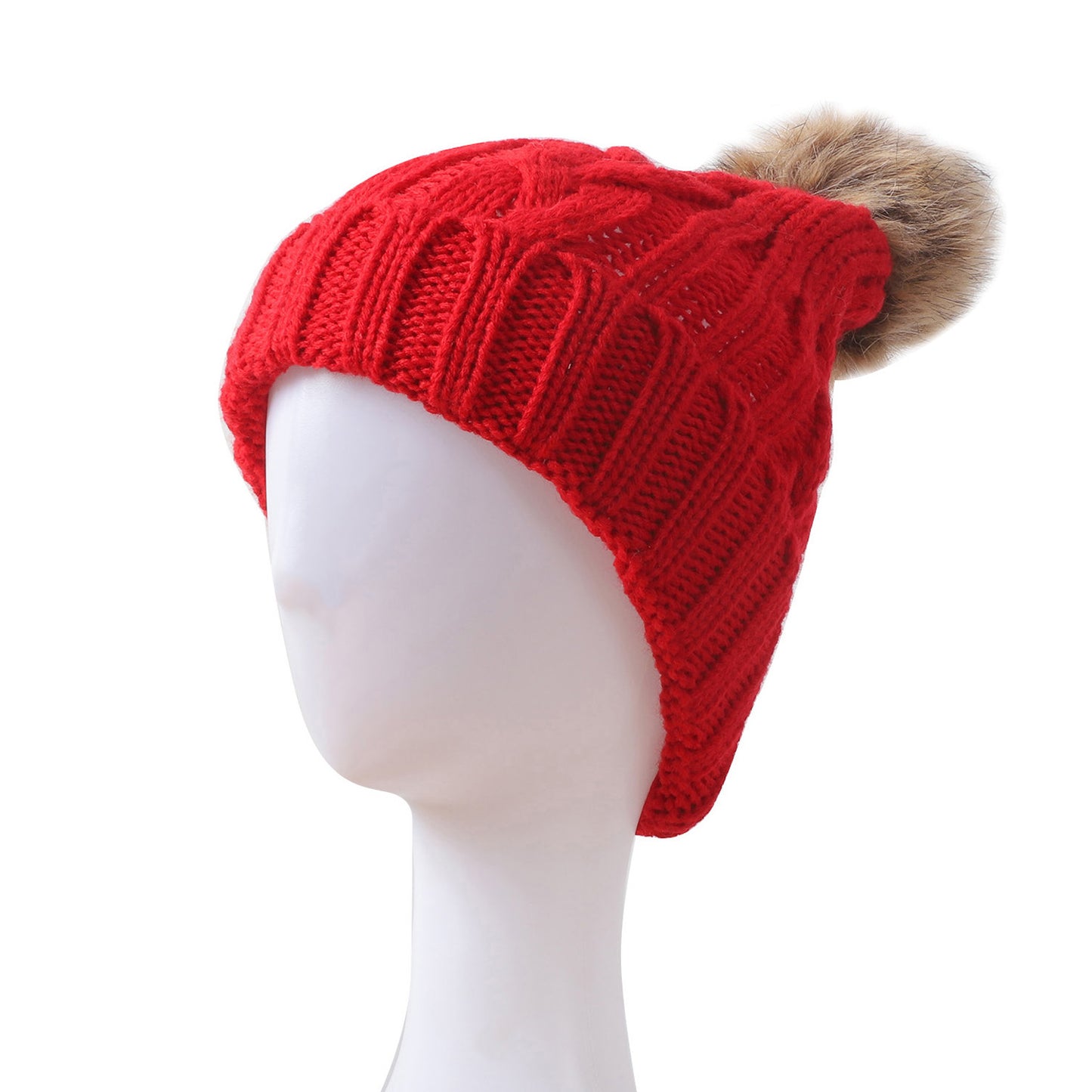 BRAIDED KNITTED FUR POM POM BEANIE