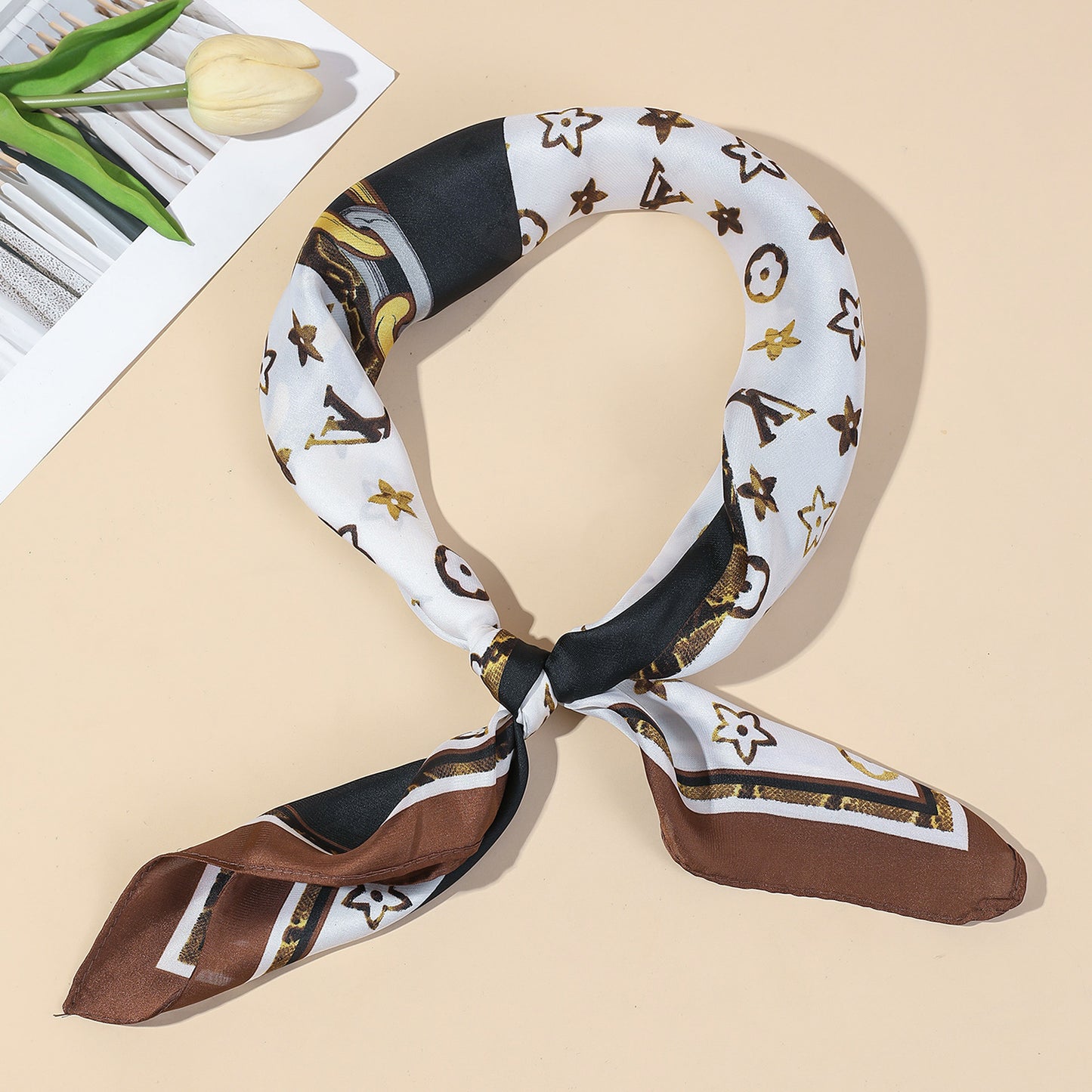 Chain & Monogram Print Satin Scarf