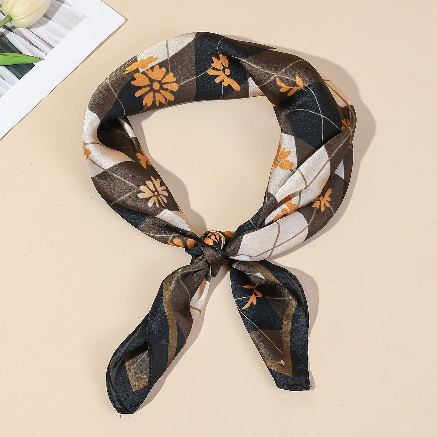 Argyle Floral Print Satin Square Scarf
