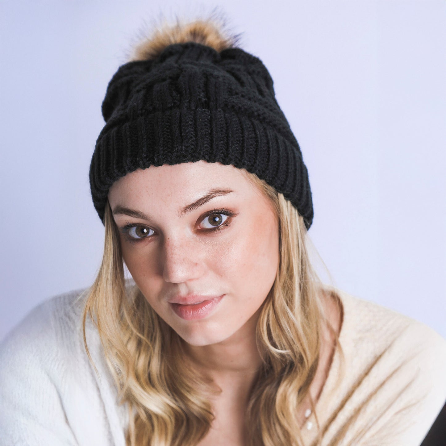 BRAIDED KNITTED FUR POM POM BEANIE