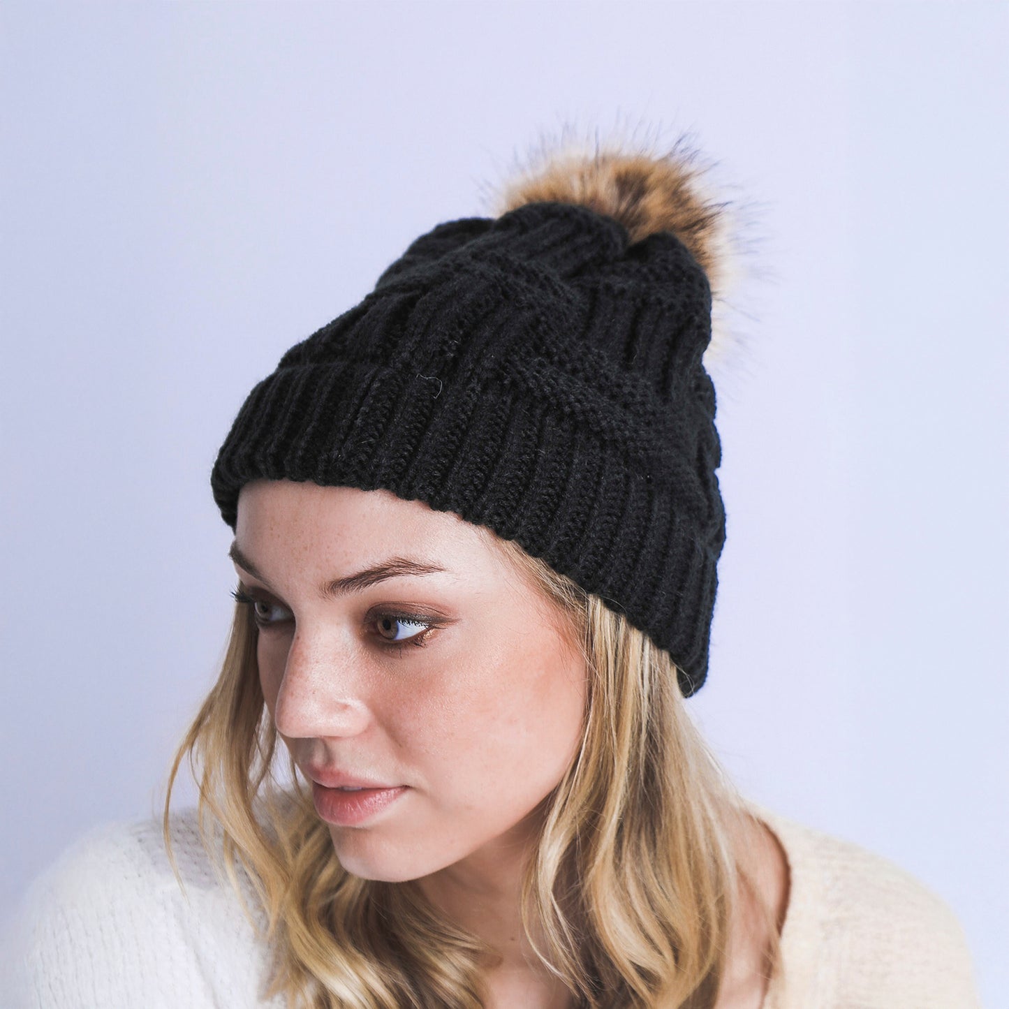 BRAIDED KNITTED FUR POM POM BEANIE