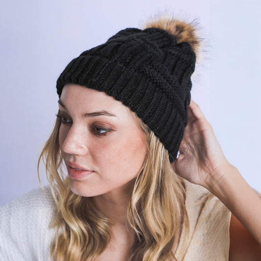 BRAIDED KNITTED FUR POM POM BEANIE