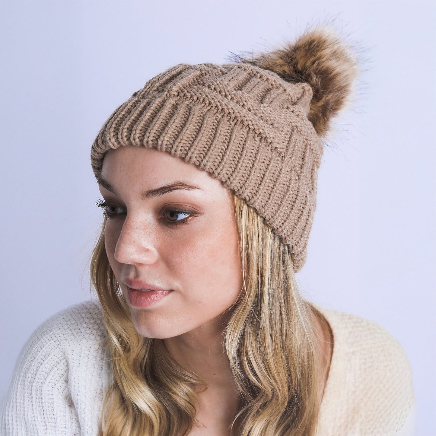 BRAIDED KNITTED FUR POM POM BEANIE