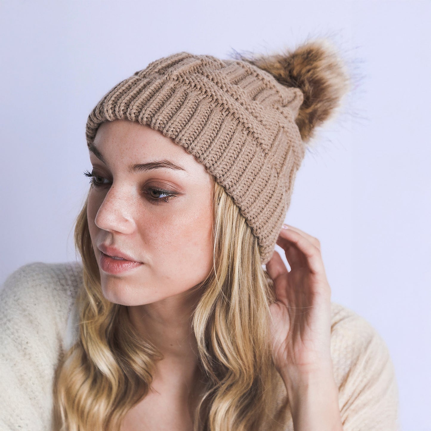 BRAIDED KNITTED FUR POM POM BEANIE