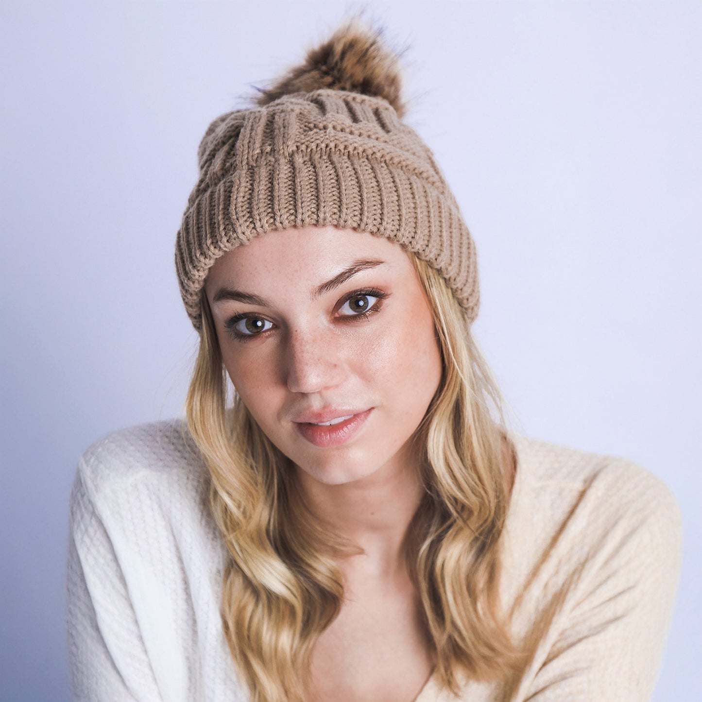 BRAIDED KNITTED FUR POM POM BEANIE