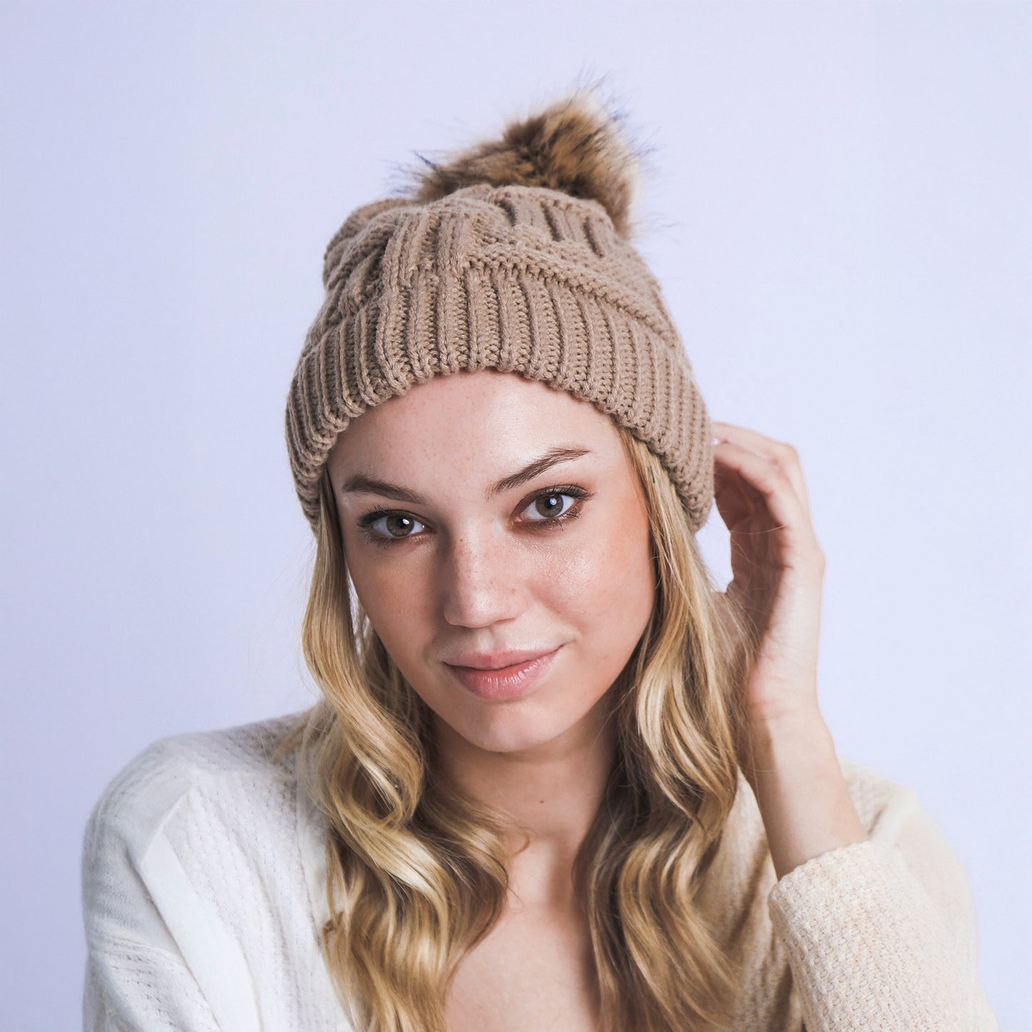 BRAIDED KNITTED FUR POM POM BEANIE