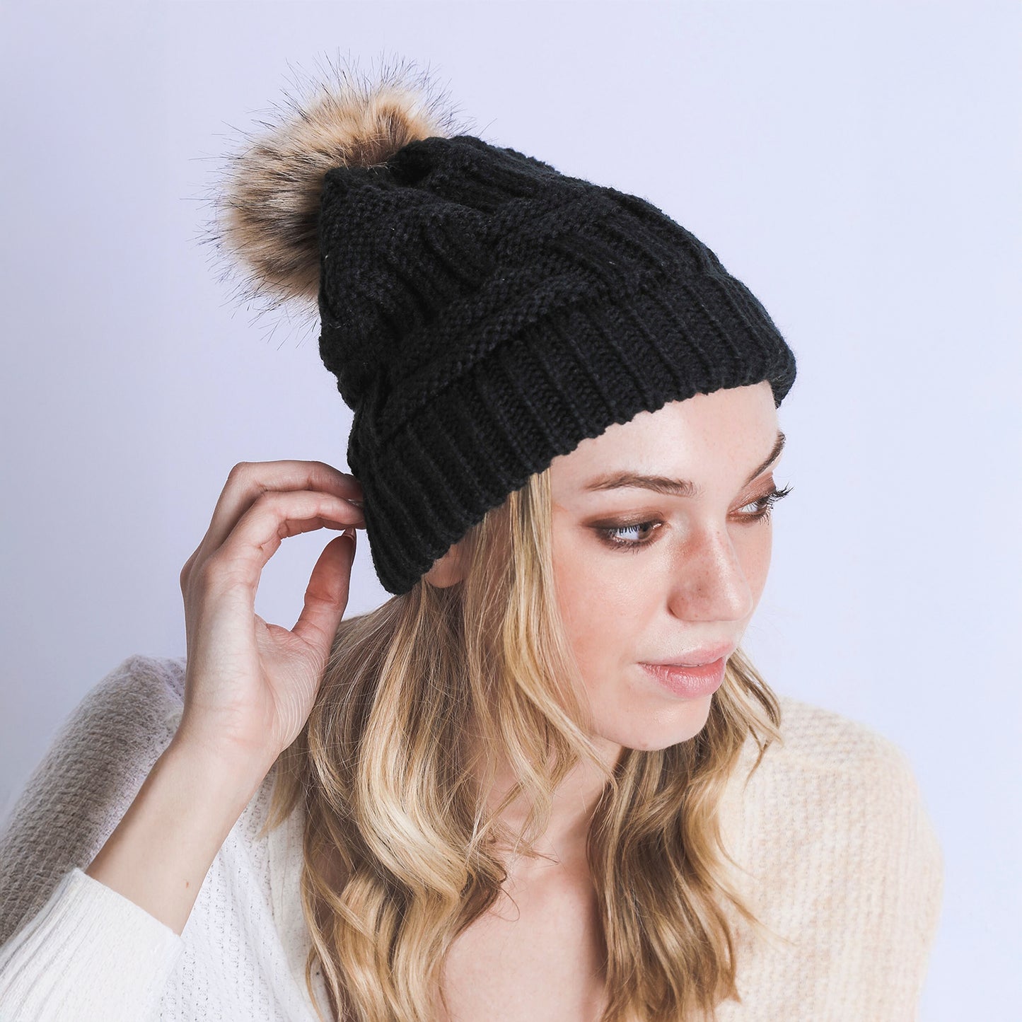 BRAIDED KNITTED FUR POM POM BEANIE