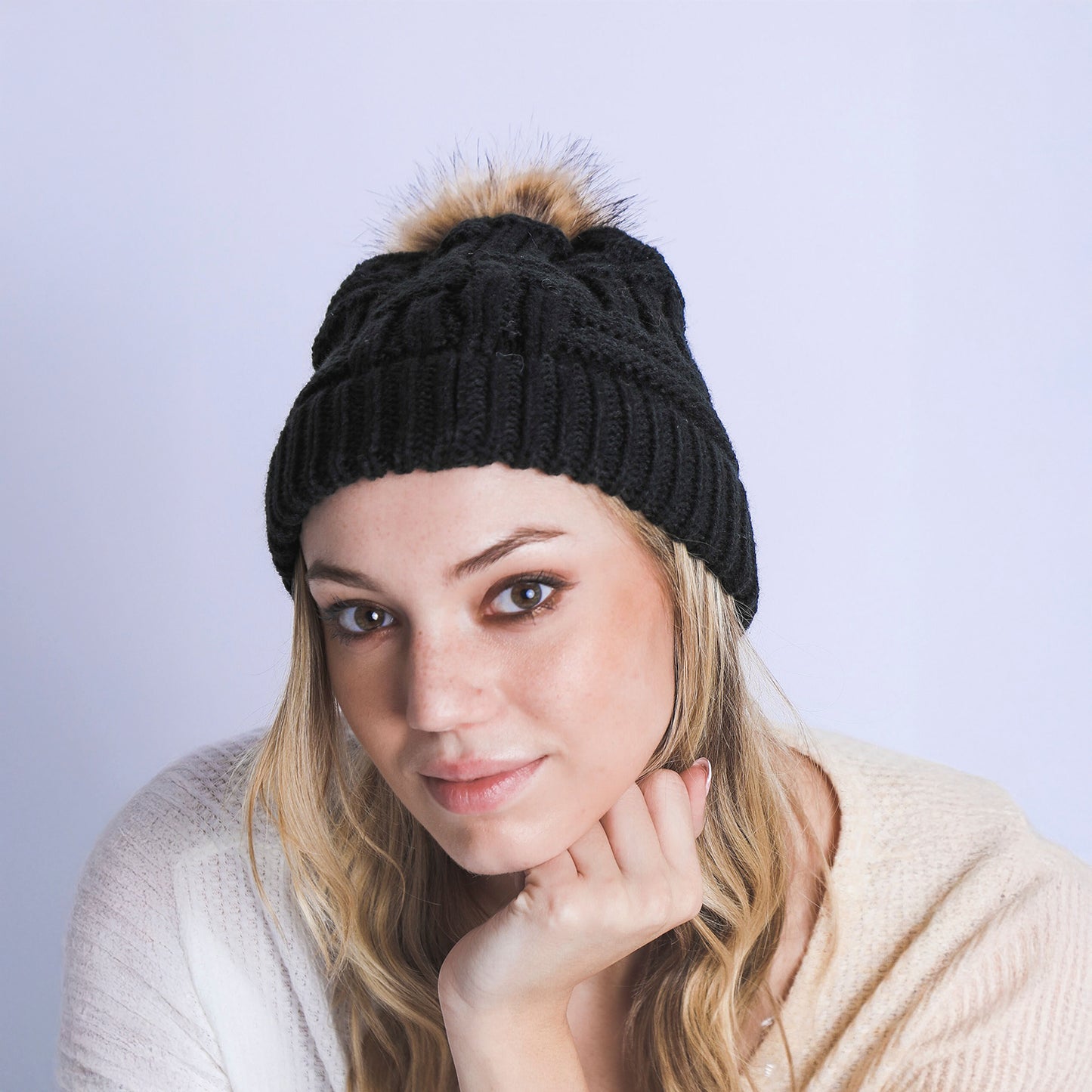BRAIDED KNITTED FUR POM POM BEANIE
