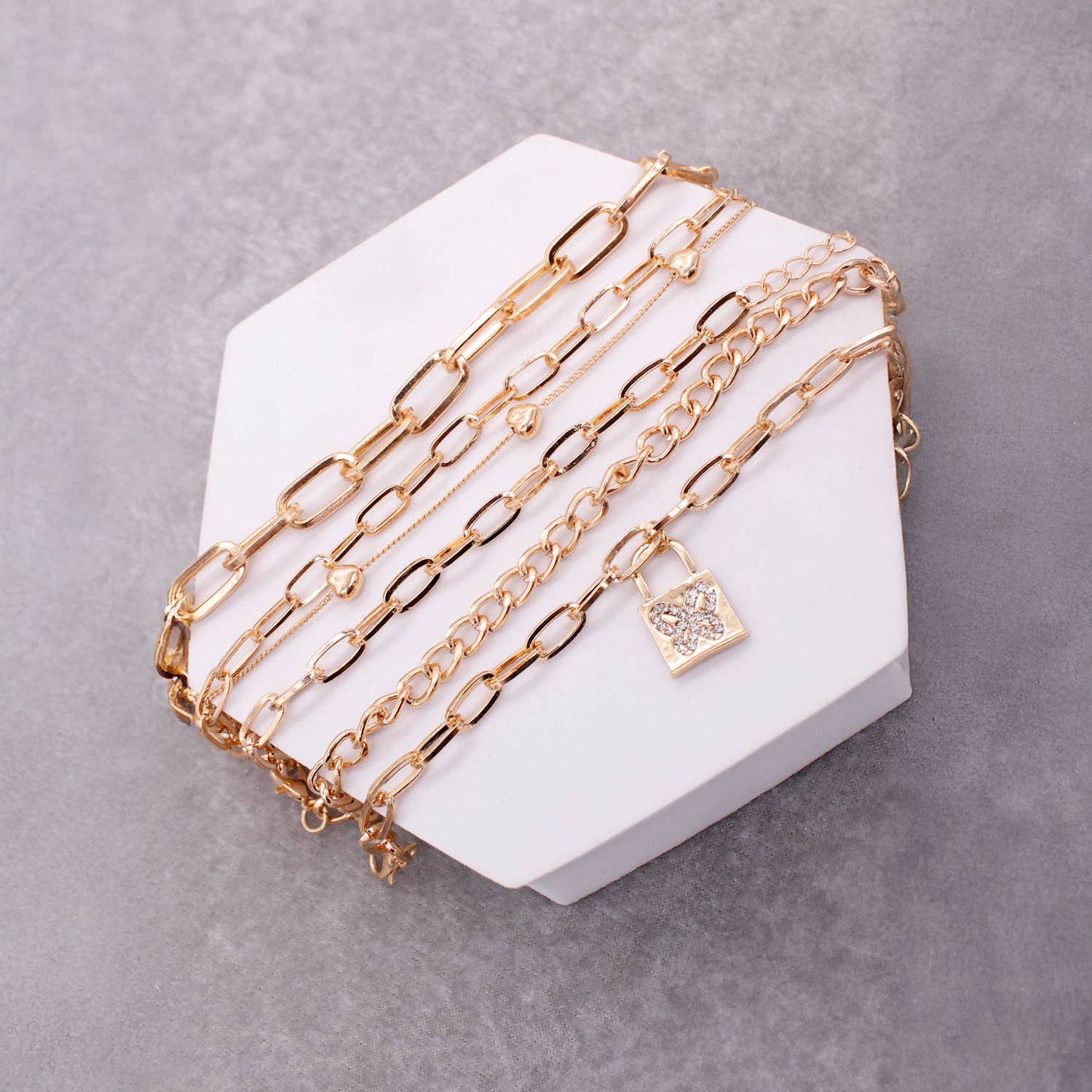 BUTTERFLY LOCK PENDANT LAYERED BRACELET SET