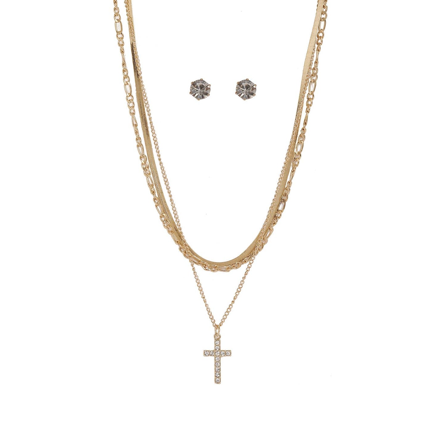 SINGLE RHINESTONE CROSS LAYERED NECKLACE SET