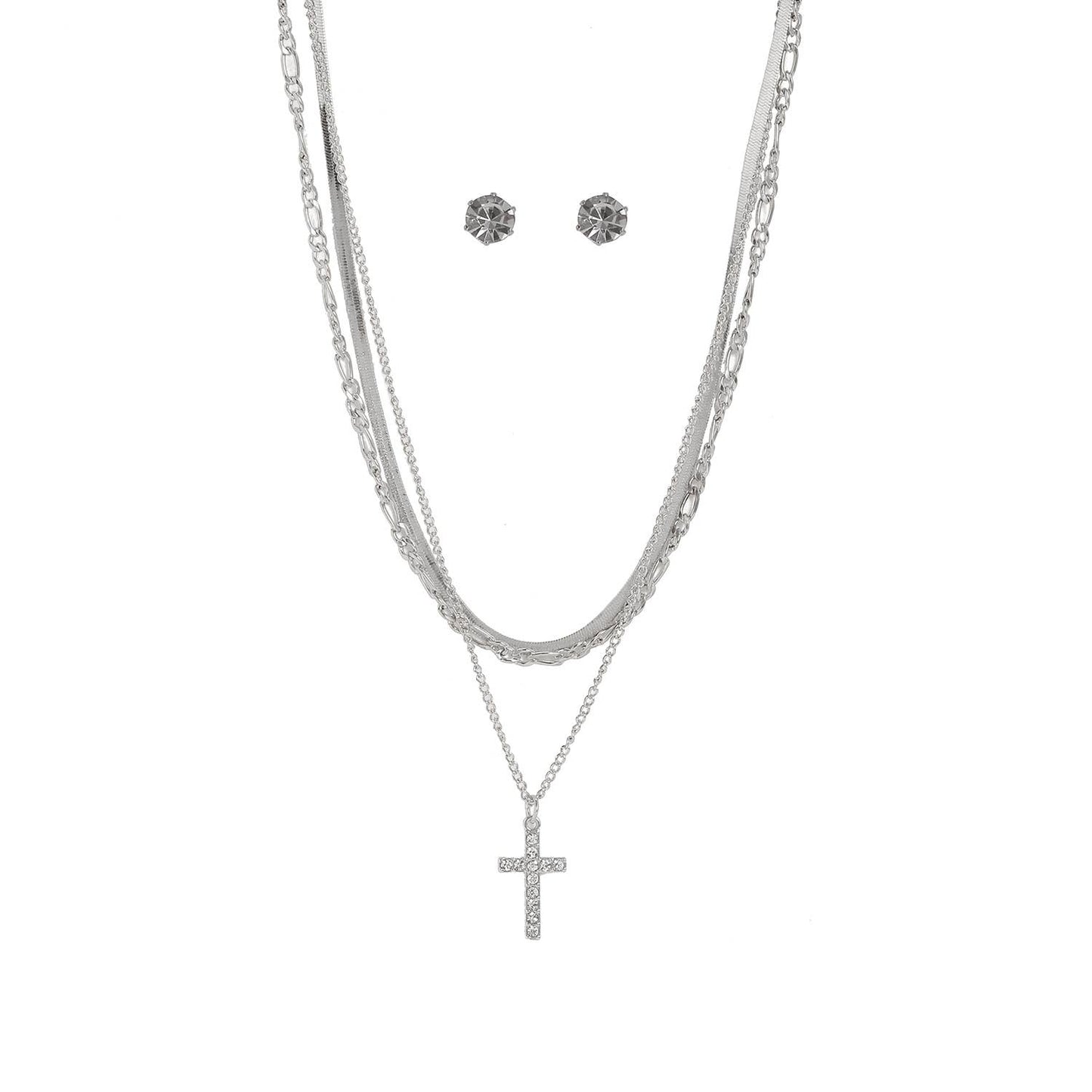 SINGLE RHINESTONE CROSS LAYERED NECKLACE SET