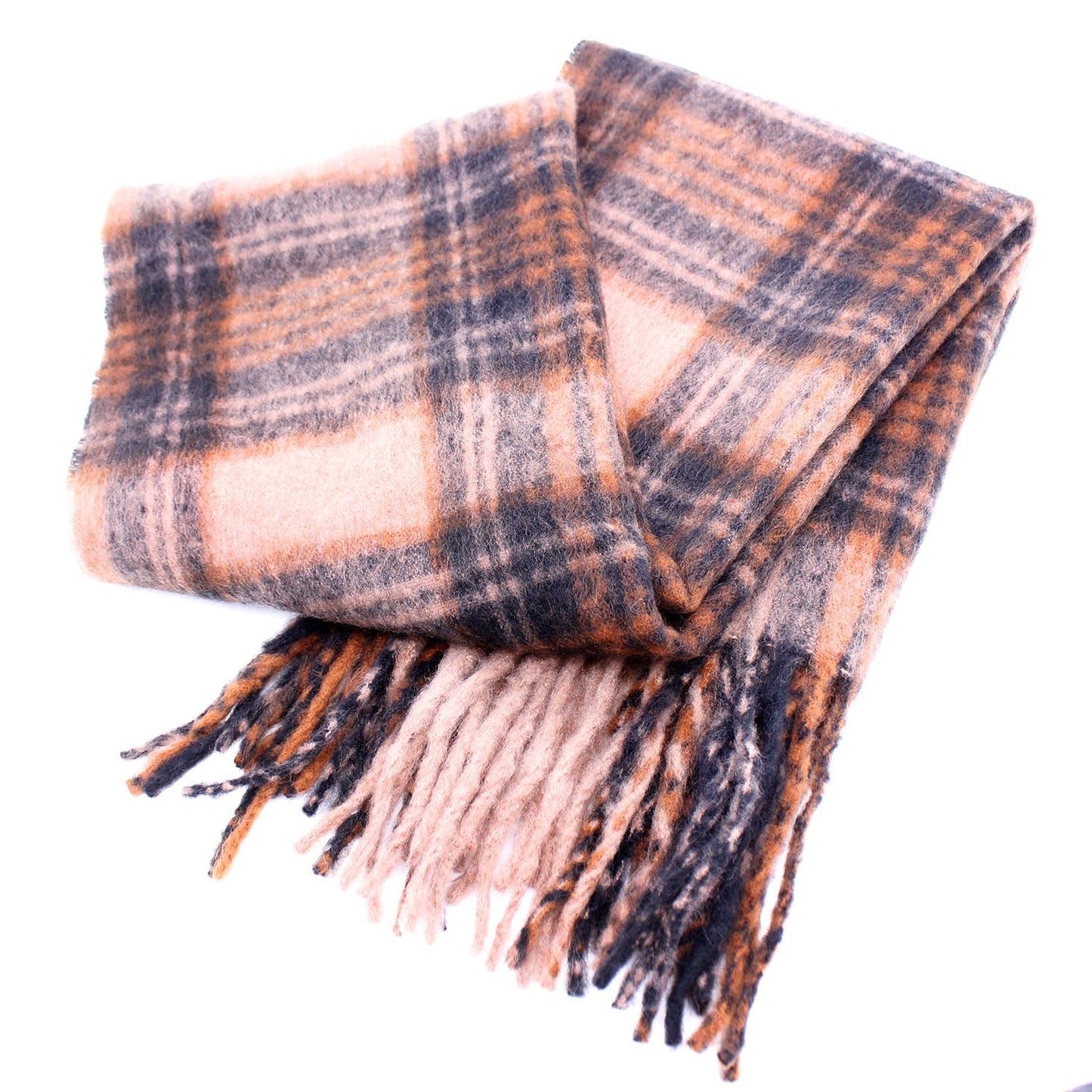 CLASSIC FLUFFY PLAID PRINT FRINGE SCARF