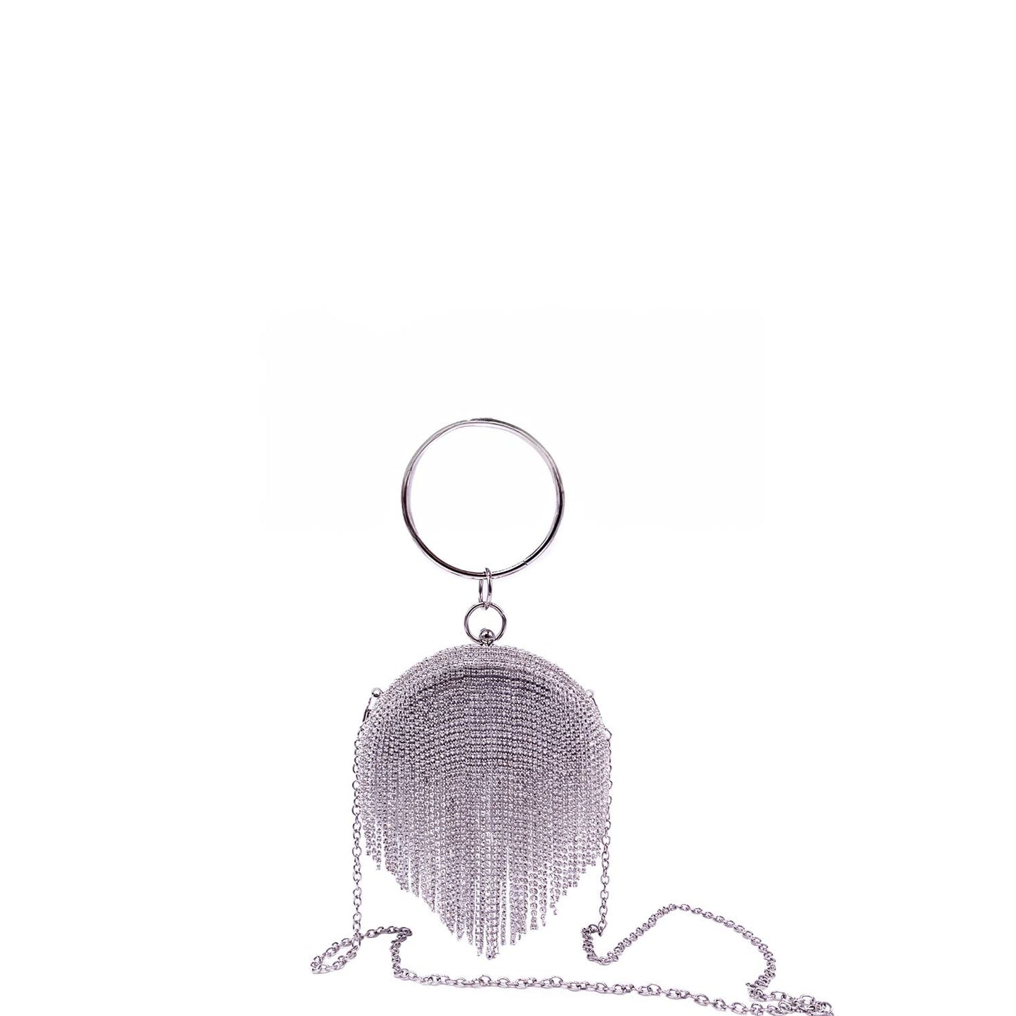Round Rhinestone Fringe Metal Top Handle Bag