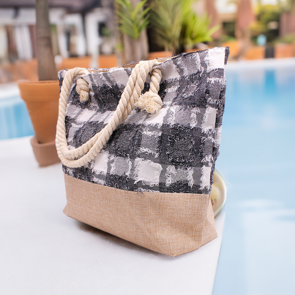 Chic Black Plaid Beach Bag