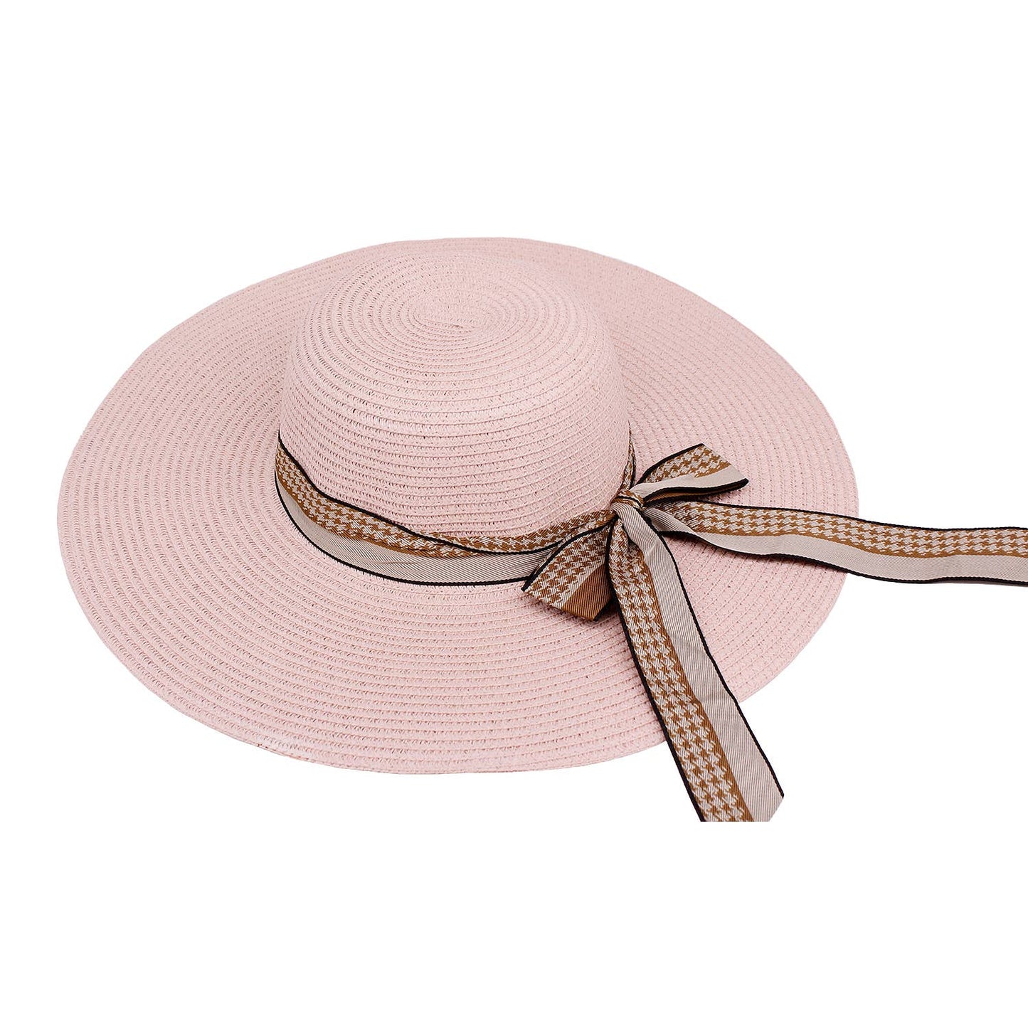 Houndstooth Ribbon Bow Straw Sun Hat