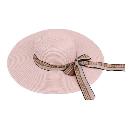 Houndstooth Ribbon Bow Straw Sun Hat