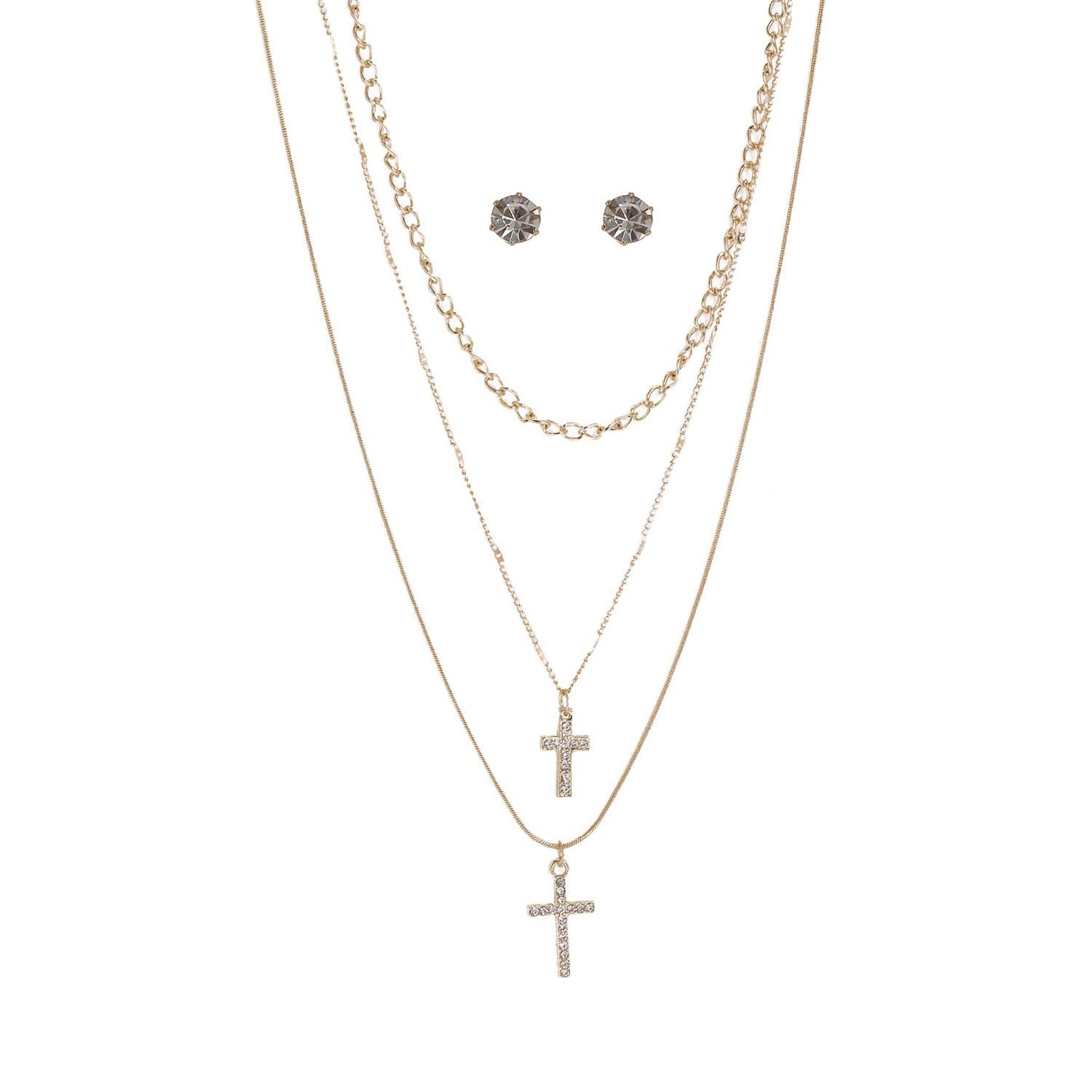 DOUBLE RHINESTONE CROSSS LAYERED NECKLACE SET