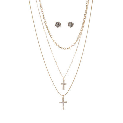DOUBLE RHINESTONE CROSSS LAYERED NECKLACE SET