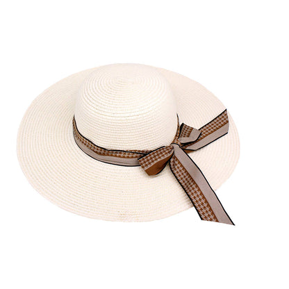 Houndstooth Ribbon Bow Straw Sun Hat