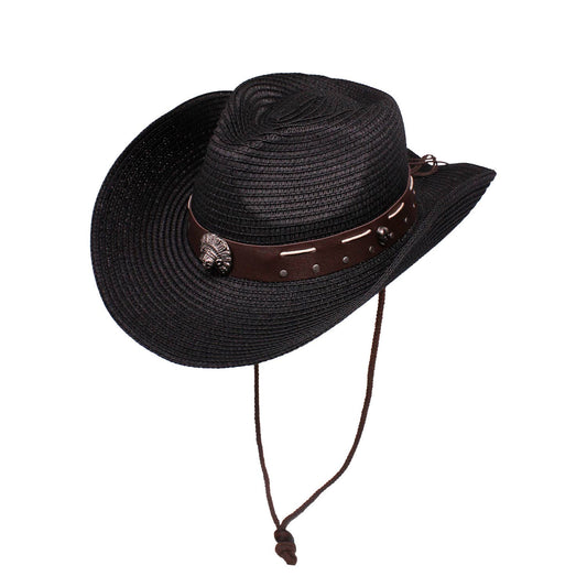 SKULL BELTED WESTERN STRAW COWBOY HAT