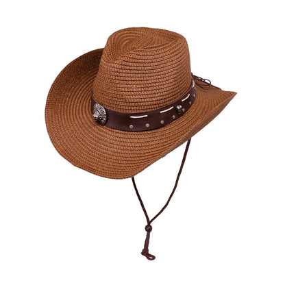 SKULL BELTED WESTERN STRAW COWBOY HAT