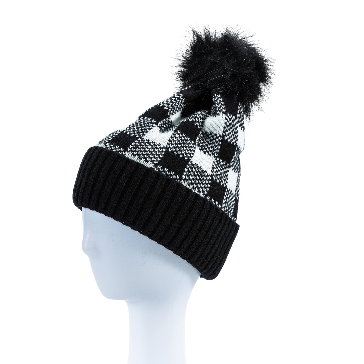 CHECKERED POM POM BEANIE