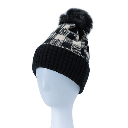 CHECKERED POM POM BEANIE