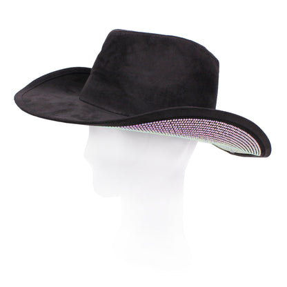Crystal-Studded Wide Brim Cowboy Hat with Suede Finish