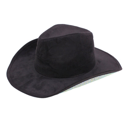 Crystal-Studded Wide Brim Cowboy Hat with Suede Finish