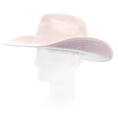 Crystal-Studded Wide Brim Cowboy Hat with Suede Finish