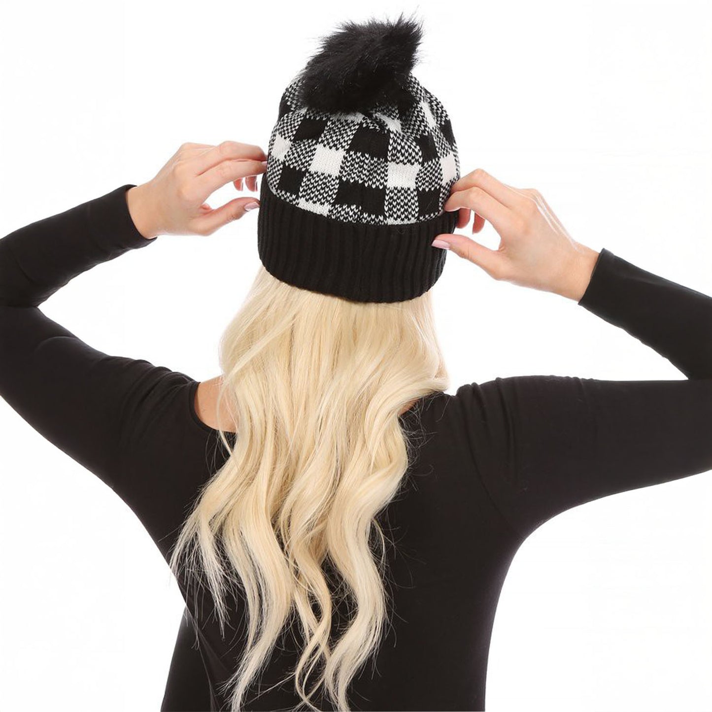 CHECKERED POM POM BEANIE