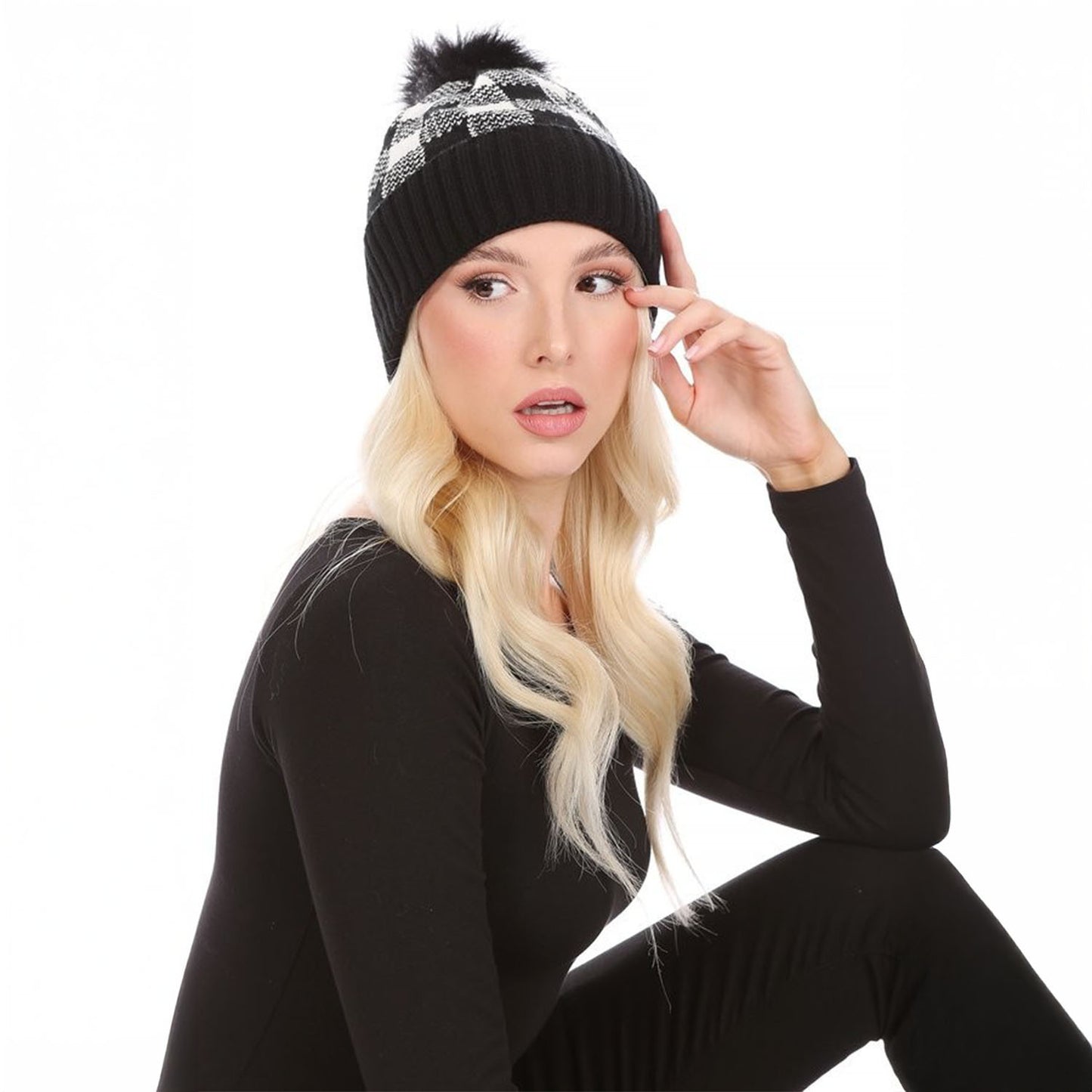 CHECKERED POM POM BEANIE