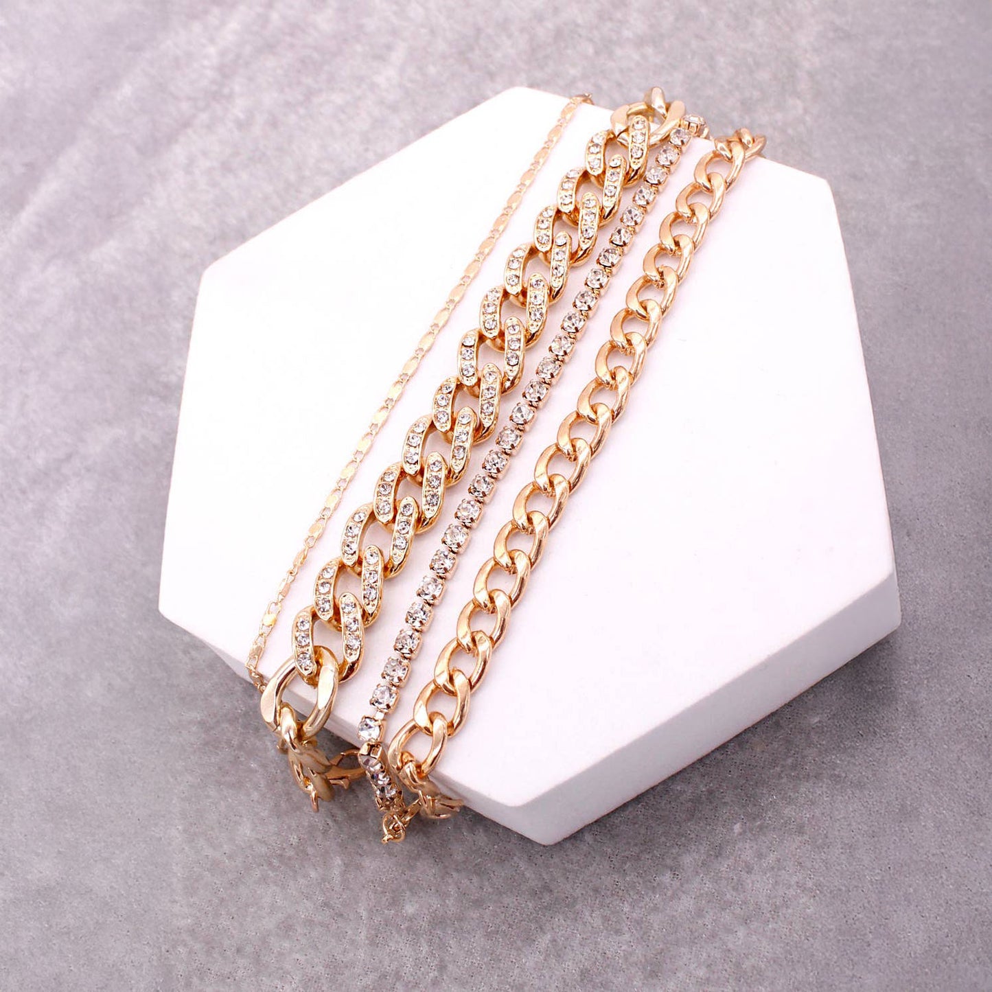 4 LAYERED RHINESTONE CHAIN BRACELET SET