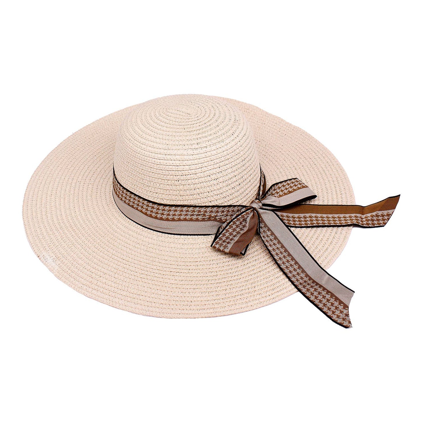 Houndstooth Ribbon Bow Straw Sun Hat