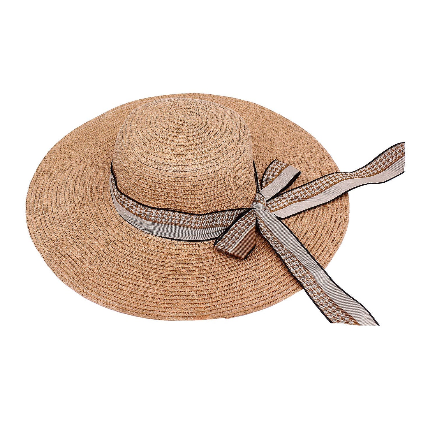 Houndstooth Ribbon Bow Straw Sun Hat