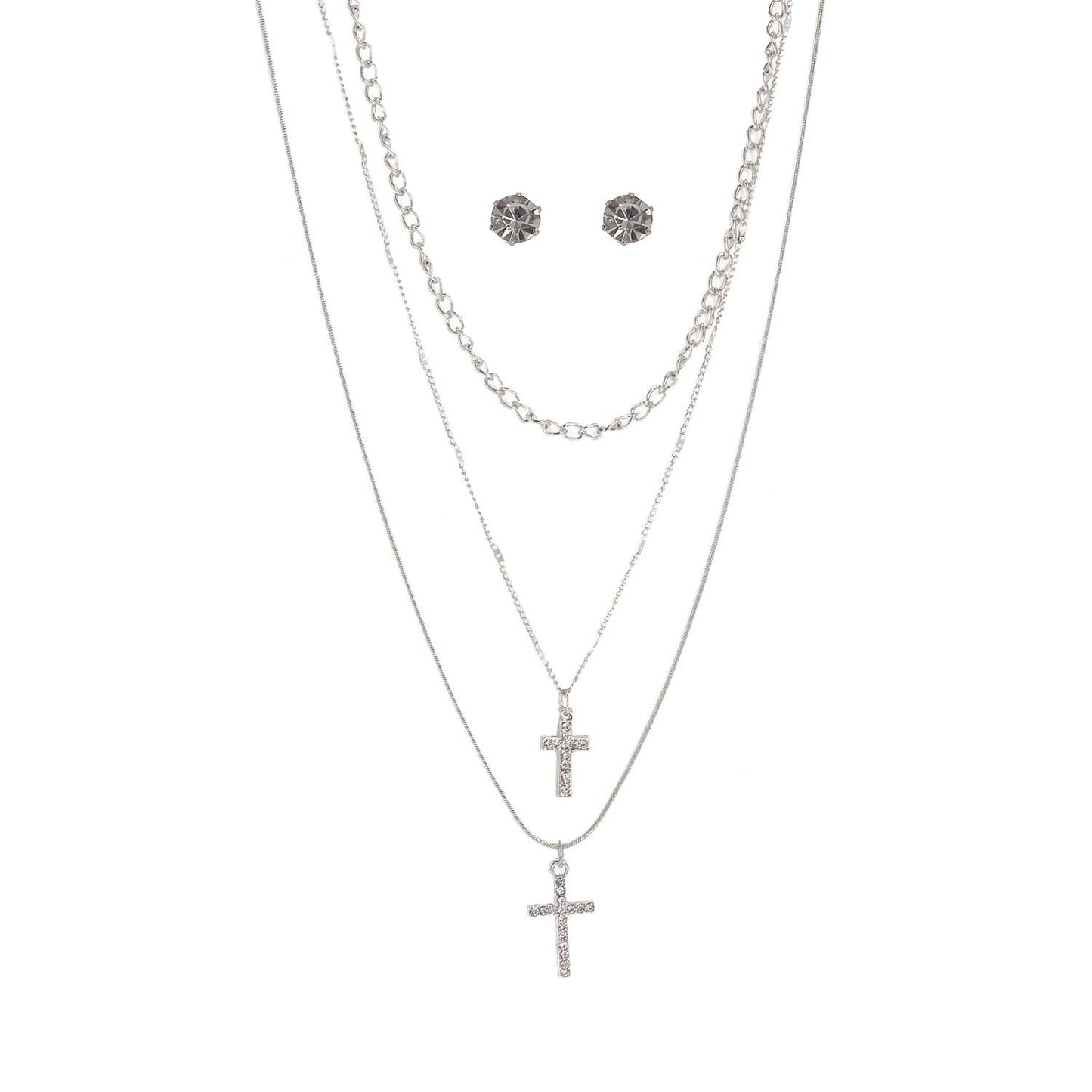 DOUBLE RHINESTONE CROSSS LAYERED NECKLACE SET