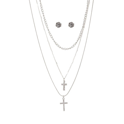 DOUBLE RHINESTONE CROSSS LAYERED NECKLACE SET